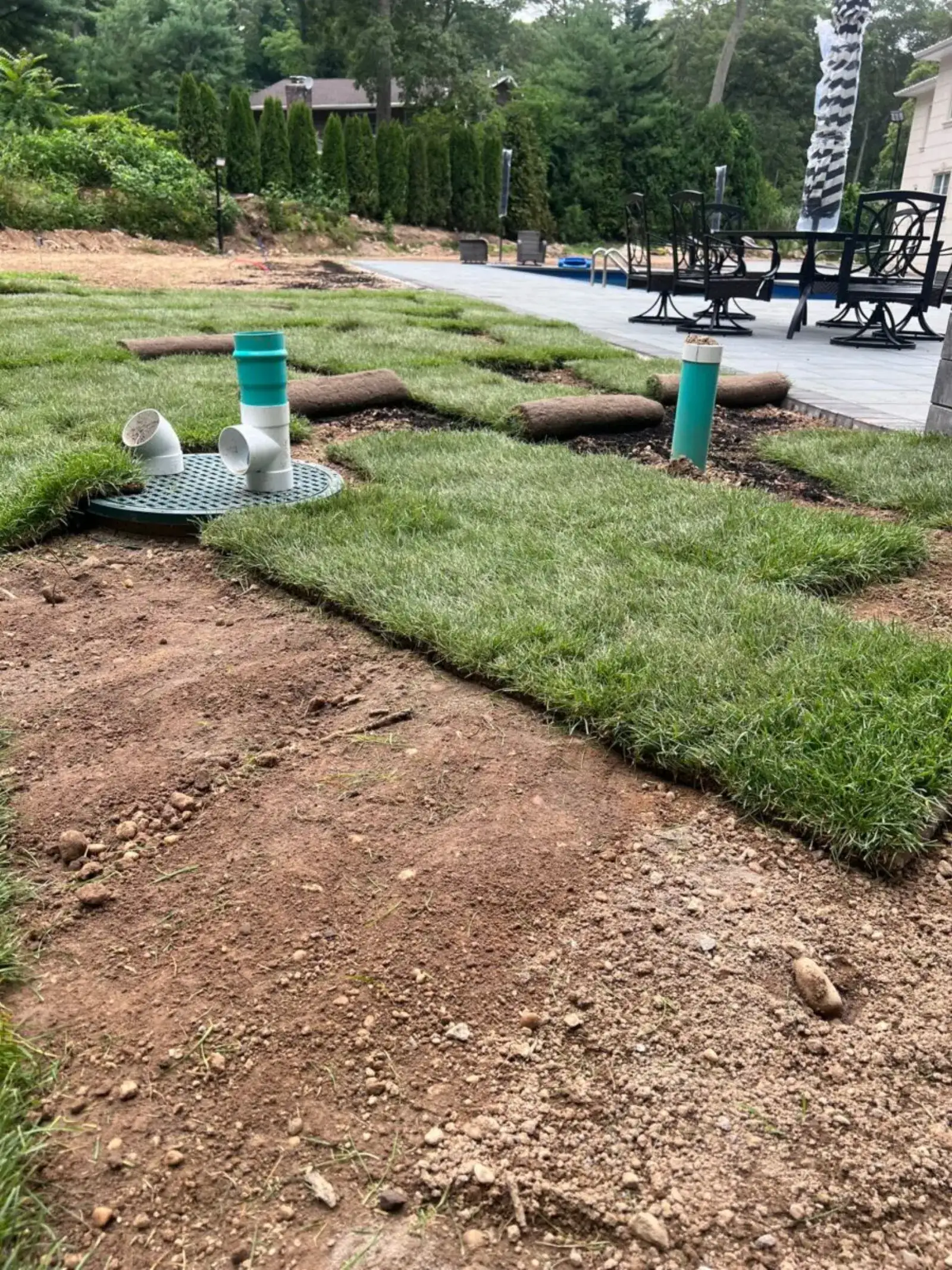 Fresh sod laid over new drainage lines in a backyard